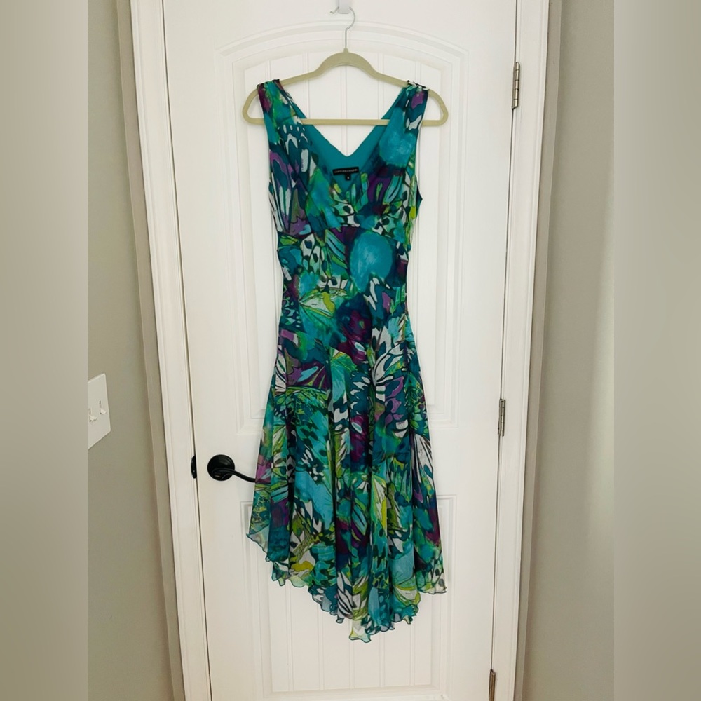 Chris Mclaughlin Chiffon Butterfly Pattern Blue Green Layered Midi Dress